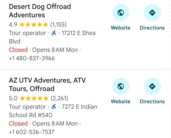 Google Maps results for offroad tours near Fountain Hills, Arizona: client Desert Dog Offroad Adventures ranked first with 1,155 reviews, ahead of AZ UTV Adventures with 2,261 reviews