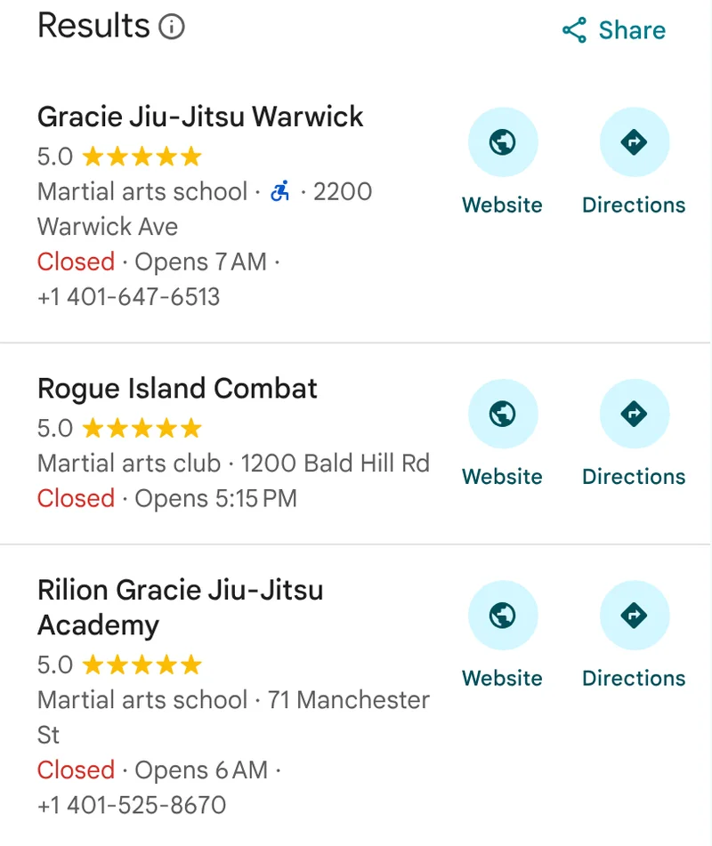 Google Maps results for kids jiu-jitsu in Warwick, Rhode Island: Gracie Jiu-Jitsu Warwick listed first, ahead of Rogue Island Combat and Rilion Gracie Jiu-Jitsu Academy